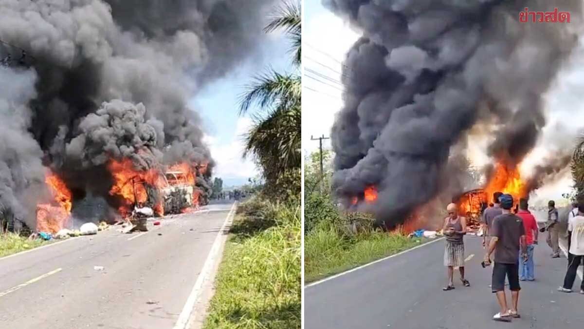 บัส “ยางระเบิด” ชนรถบรรทุกน้ำมัน-ไฟไหม้วอด อินโดฯ สลดเสียชีวิตแล้ว 16 ราย