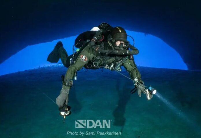 The first set of images, near the mouth of the cave, shows the sunlight still lighting the way.DAN Europe
