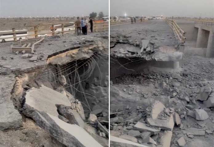 ภาพส่วนหนึ่งของสะพานที่เสียหายหลังการโจมตี ในเมืองบันดาร์ คามีร์ จังหวัดฮอร์โมซกัน ประเทศอิหร่าน เมื่อวันที่ 17 กรกฎาคม 2569 ภาพนี้ได้มาจากวิดีโอในโซเชียลมีเดีย
