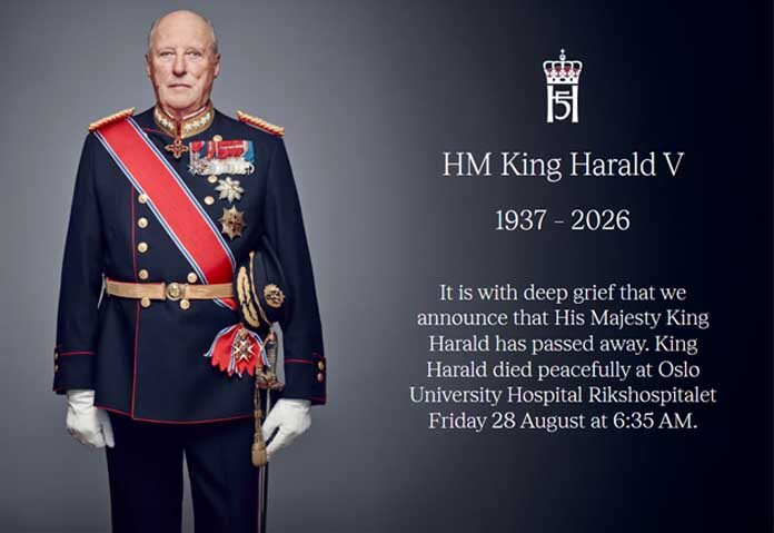 สมเด็จพระราชาธิบดีฮารัลด์ที่ 5 แห่งนอร์เวย์ เสด็จสวรรค์แล้วด้วยพระชนมายุ 89 พรรษา หลังจากเสด็จเข้ารักษาพระองค์ที่โรงพยาบาลเมื่อสัปดาห์ที่แล้วเนื่องจากทรงมีพระอาการเลือดผิดปกติที่หายาก สำนักพระราชวังในกรุงออสโลแถลงว่า พระองค์เสด็จสวรรค์อย่างสงบเมื่อเวลา 06:35 น. ตามเวลาท้องถิ่นในวันศุกร์ ณ โรงพยาบาลแห่งชาติในกรุงออสโล