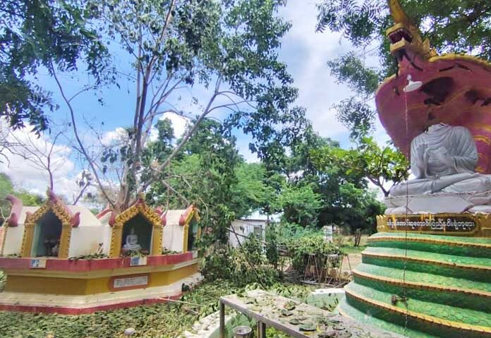 เศษซากปรักหักพังกระจัดกระจายอยู่ทั่ววัดพุทธแห่งหนึ่ง หลังจากการโจมตีทางอากาศเกิดขึ้นที่หมู่บ้านสเวล เล โอ ในตำบลเมียง อำเภอสะไกง ประเทศเมียนมาร์ เมื่อวันศุกร์ที่ 21 สิงหาคม 2569