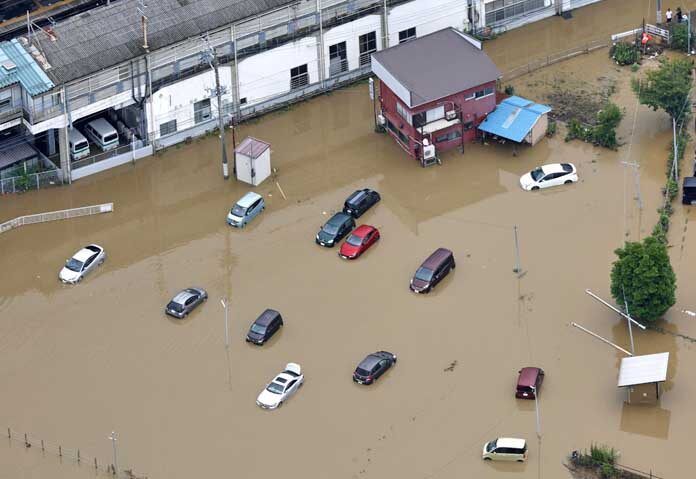 ฝนถล่มญี่ปุ่นมากเป็นประวัติการณ์ - ภาพถ่ายทางอากาศแสดงพื้นที่น้ำท่วมหลังจากฝนตกหนักในเมืองโออามิชิราซาโตะ จังหวัดชิบะ ประเทศญี่ปุ่น เมื่อวันที่ 14 สิงหาคม 2569