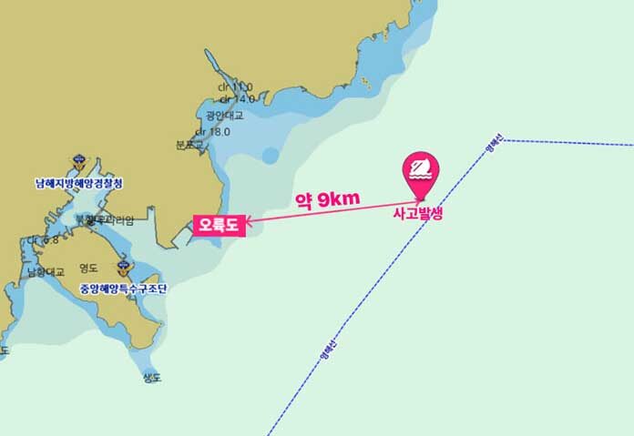 แผนที่แสดงจุดที่เรือลากจูงล่ม ห่างจากเกาะโอริวกโดไปทางตะวันออกเฉียงใต้ของเมืองปูซานประมาณ 9 กิโลเมตร เมื่อวันพุธ