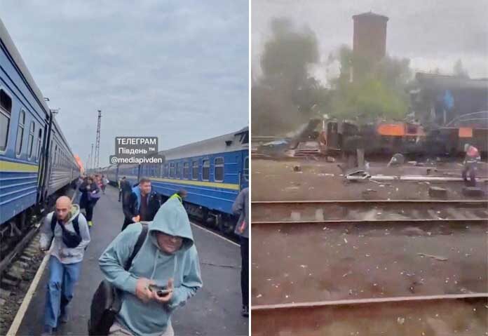 ภาพซากรถไฟโดยสารหลังถูกโดรนของรัสเซียโจมตีท่ามกลางสถานการณ์ความขัดแย้งระหว่างรัสเซียและยูเครน เหตุเกิดที่หมู่บ้านรีมาชี (Rymachi) ในแคว้นโวลิน (Volyn) ประเทศยูเครน เมื่อวันที่ 13 กันยายน 2026