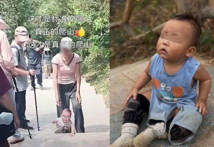 คลิปไวรัล แม่จีนพาลูกน้อย 9 เดือน คลานขึ้นภูเขา